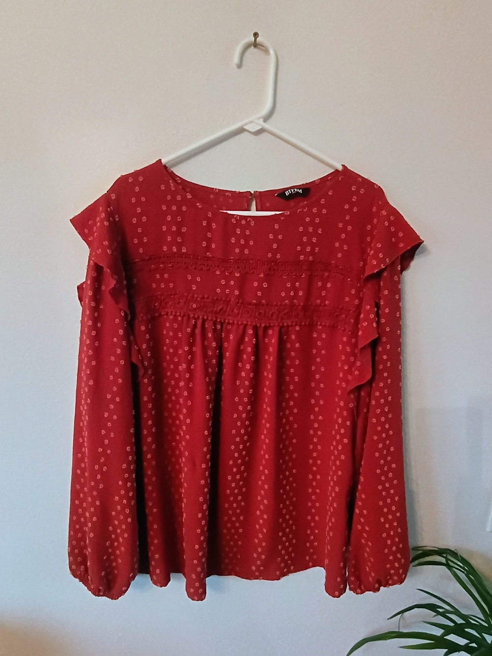 BTFBM Rust Red Ruffle Blouse XXL Textured Dot Balloon Sleeve Boho Romantic Flowy